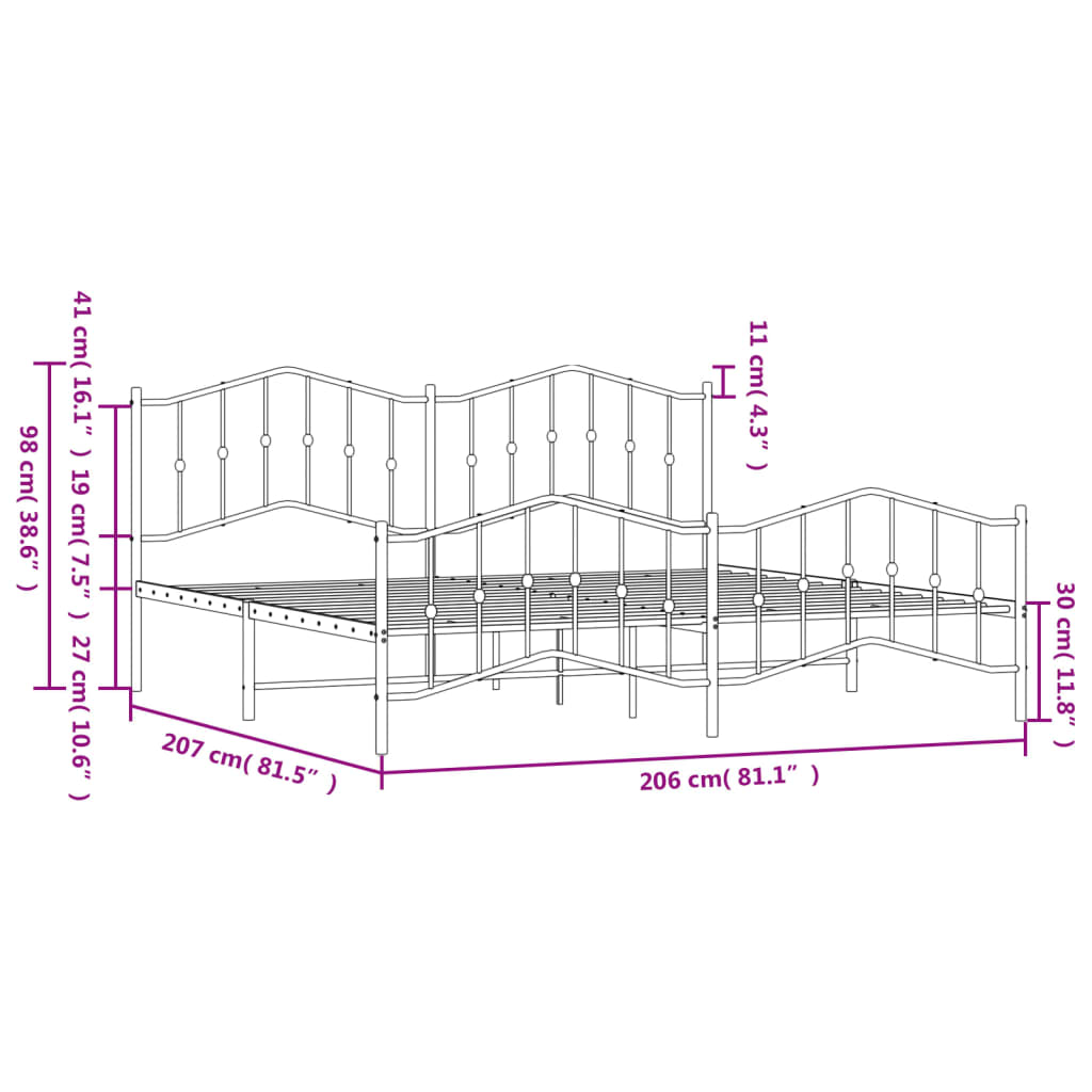 vidaXL gultas rāmis ar galvgali un kājgali, melns metāls, 200x200 cm