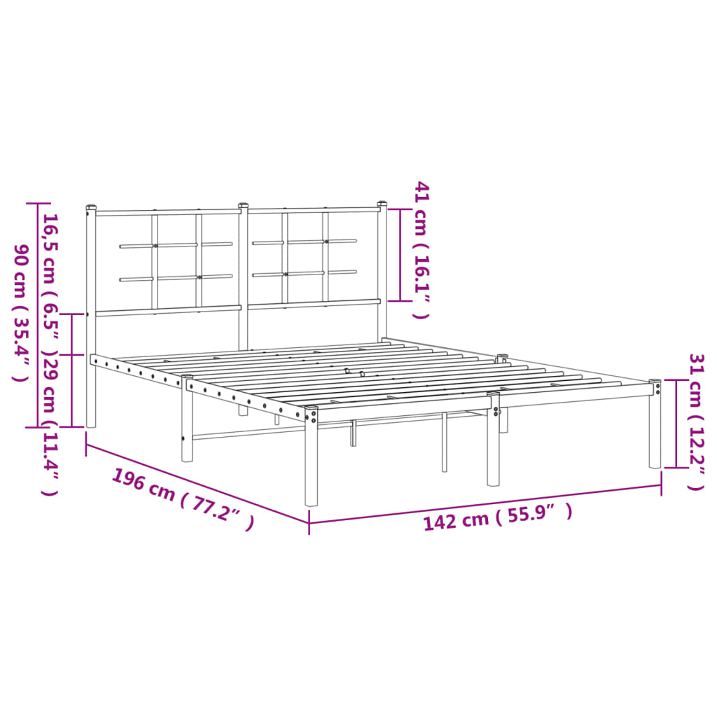 vidaXL gultas rāmis ar galvgali, balts metāls, 135x190 cm