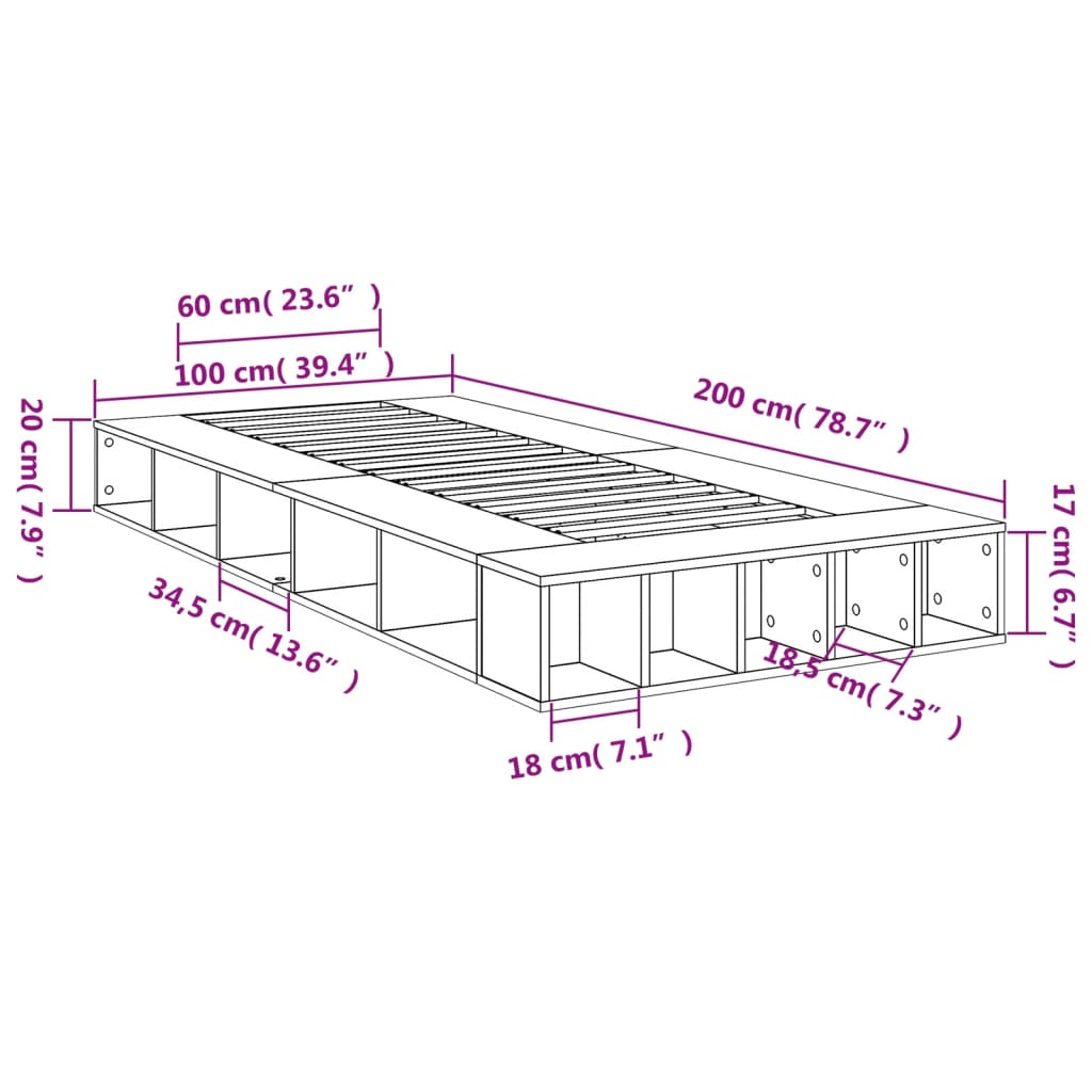 vidaXL gultas rāmis, pelēka ozolkoka, 100x200 cm, inženierijas koks