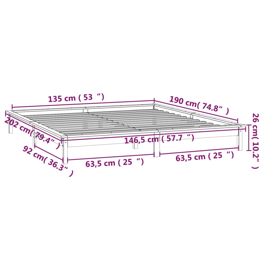 vidaXL gultas rāmis, LED, balts, 135x190, divvietīgs, masīvkoks