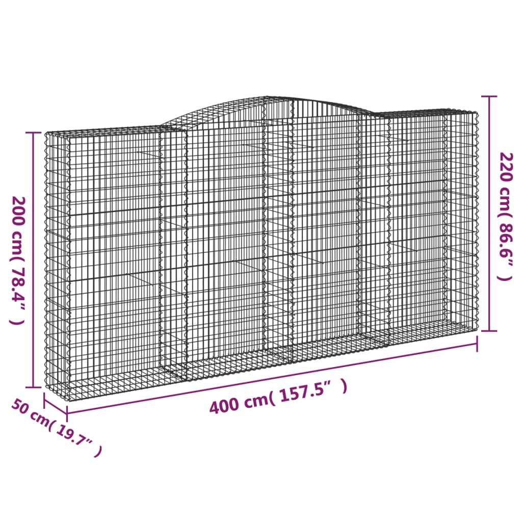 vidaXL arkveida gabiona grozi, 6 gb., 400x50x200/220cm, cinkota dzelzs