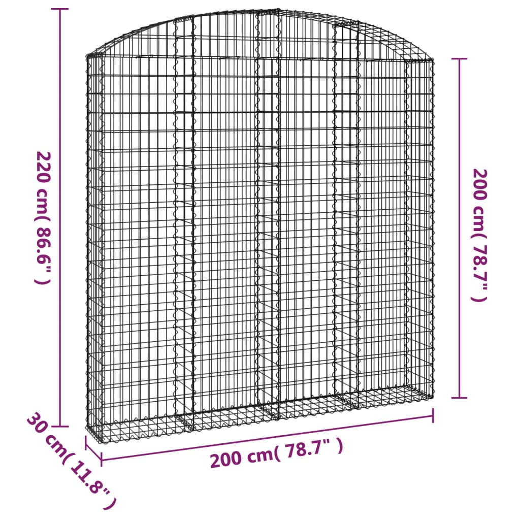 vidaXL arkveida gabiona grozs, 200x30x200/220 cm, cinkota dzelzs