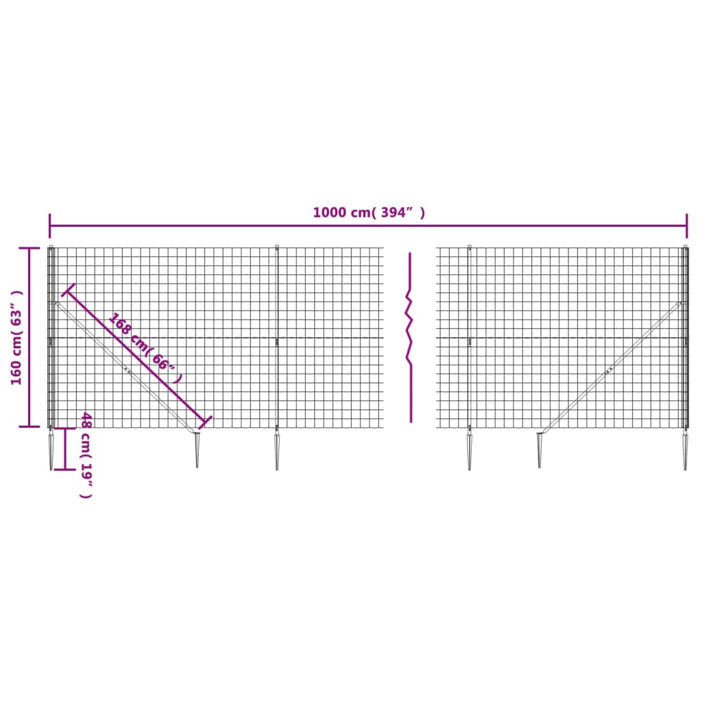 vidaXL stiepļu žogs ar zemes mietiņiem, antracītpelēks, 1,6x10 m