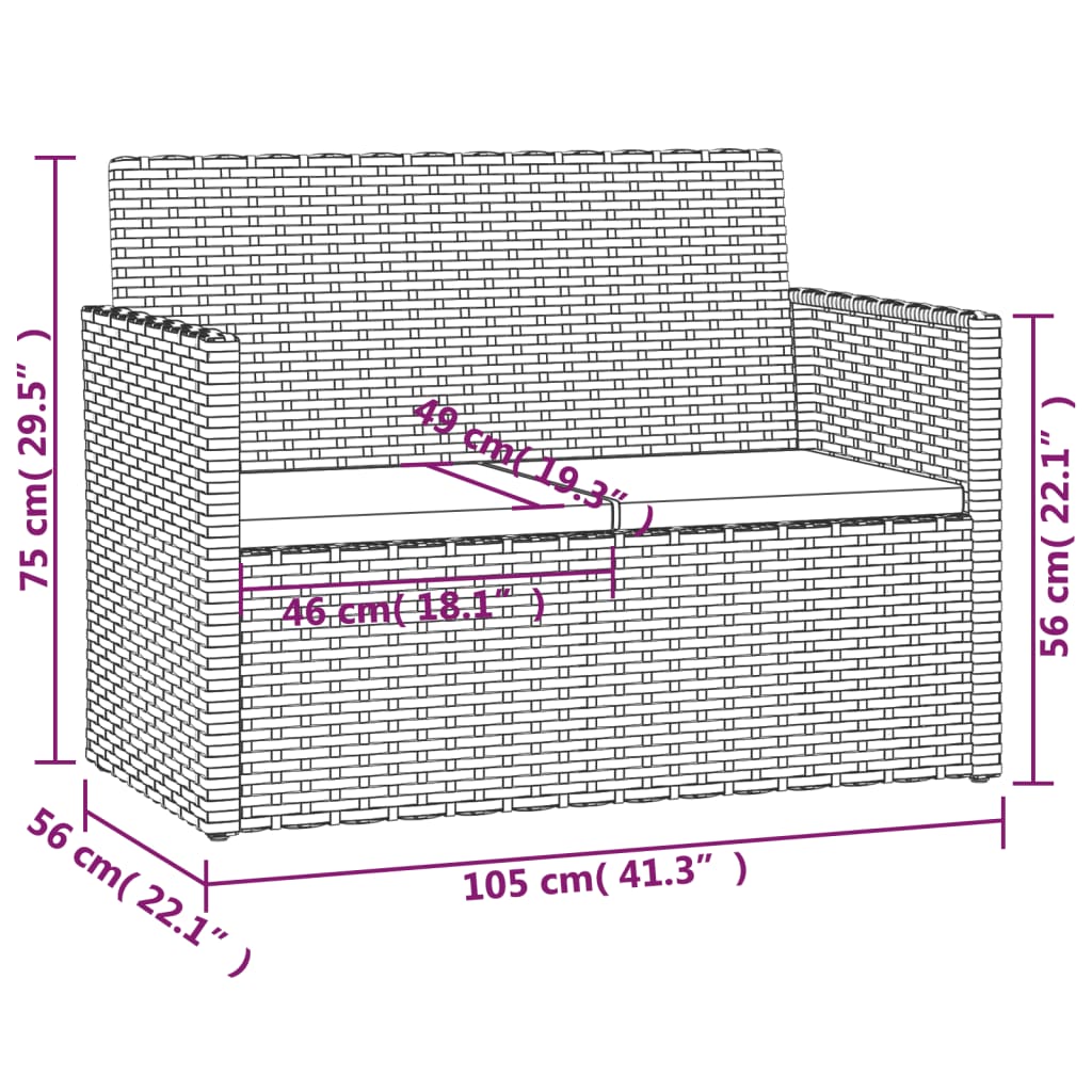 vidaXL dārza sols ar matračiem, 105 cm, melns, PE rotangpalma