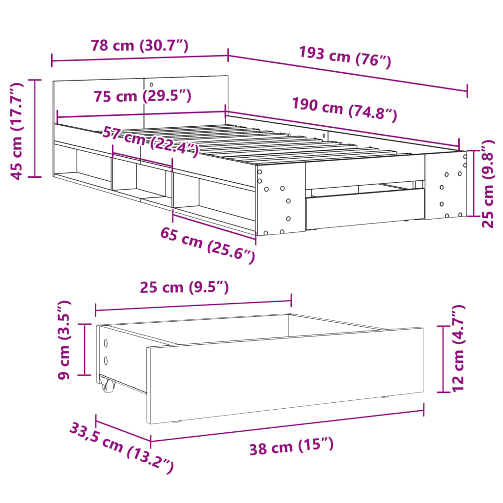 vidaXL gultas rāmis ar atvilktni, brūns, 75x190 cm, inženierijas koks