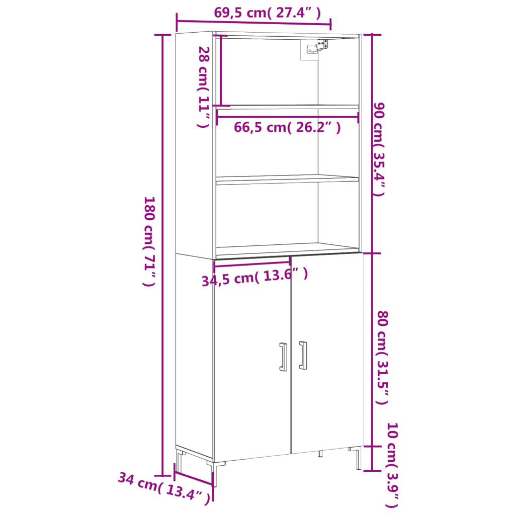 vidaXL augstais skapis, ozolkoka, 69,5x34x180 cm, inženierijas koks