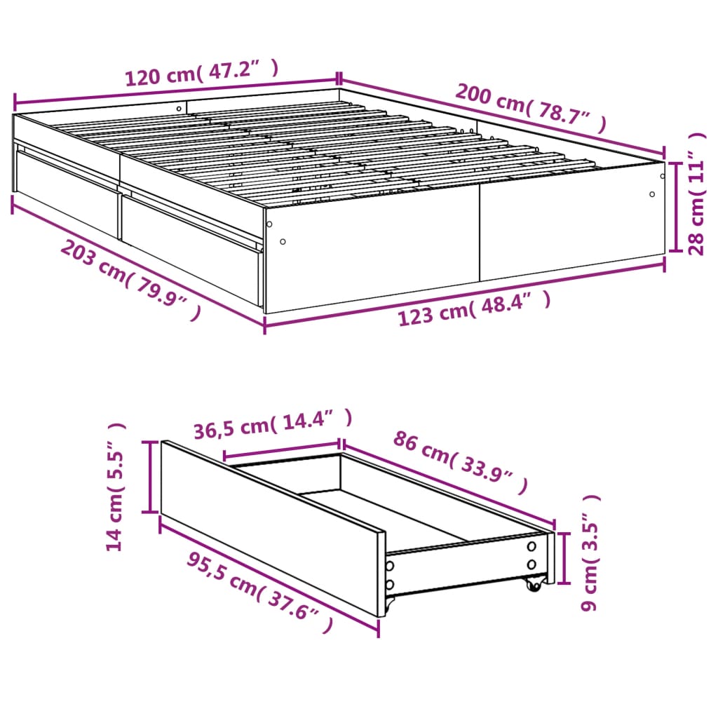 vidaXL gultas rāmis ar atvilktnēm, pelēka ozola, 120x200 cm