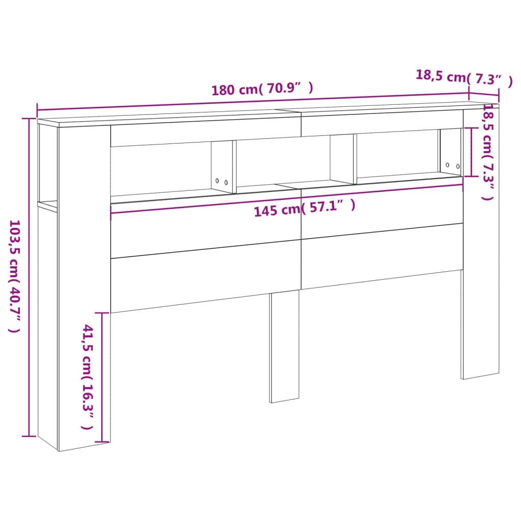 vidaXL gultas galvgalis ar LED, ozola krāsa, 180x18,5x103,5 cm, koks