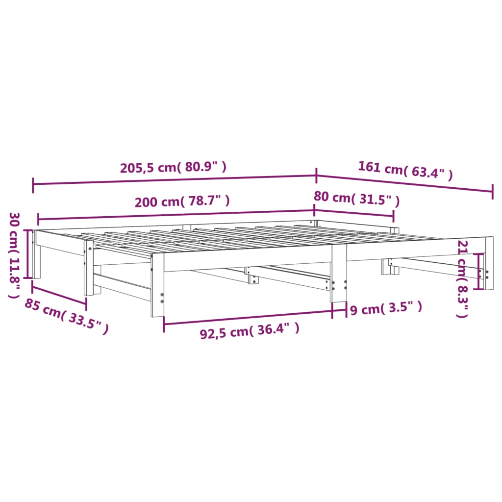 vidaXL izvelkama gulta, melna, 2x(80x200) cm, priedes masīvkoks