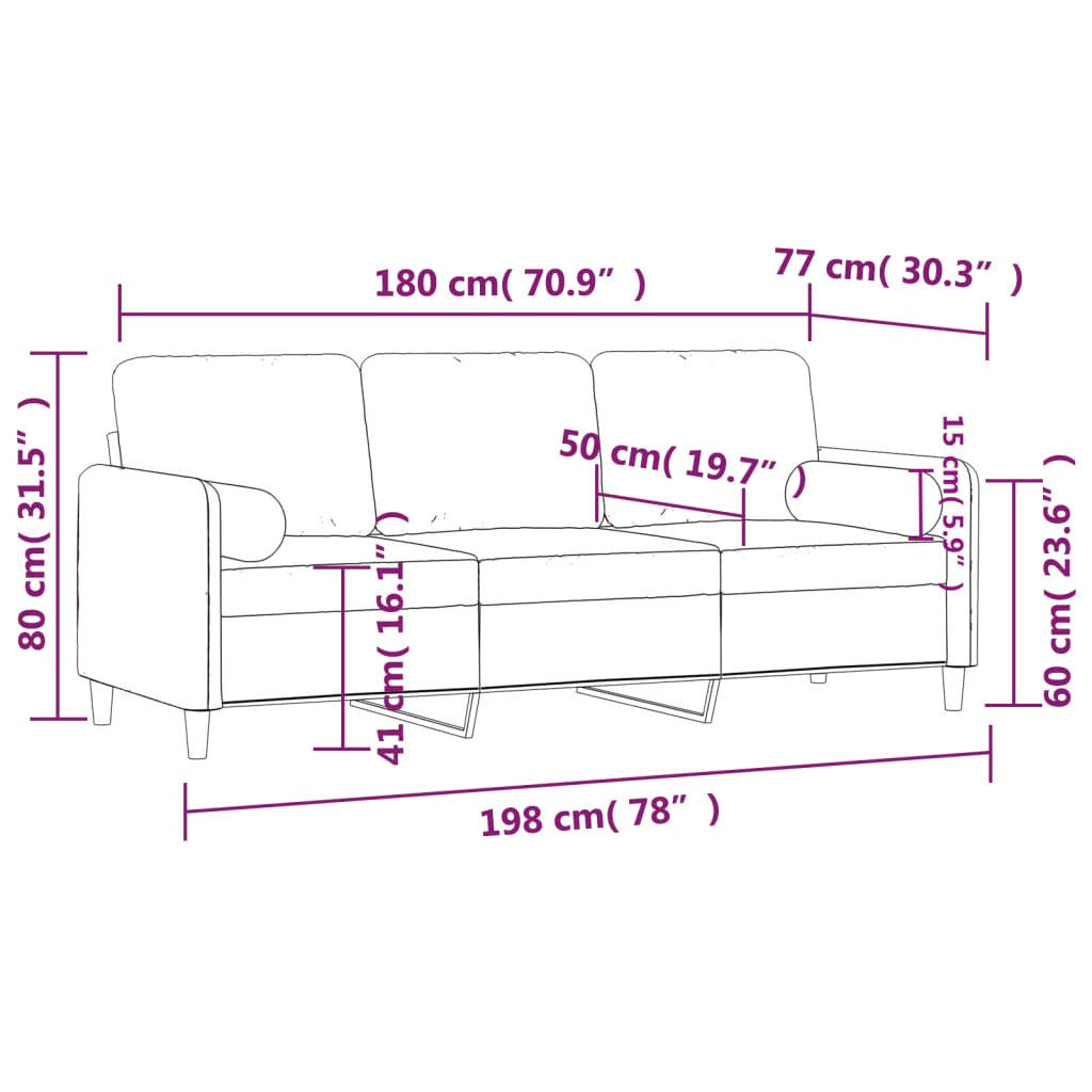 vidaXL trīsvietīgs dīvāns ar spilveniem, melns, 180 cm, samts