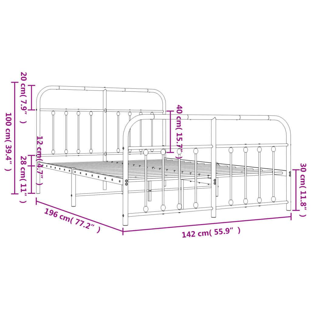 vidaXL gultas rāmis ar galvgali un kājgali, balts metāls, 135x290 cm