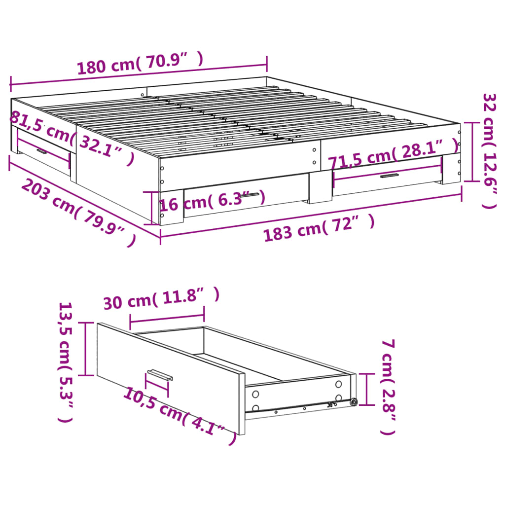 vidaXL gultas rāmis ar atvilktnēm, ozola, 180x200cm, inženierijas koks