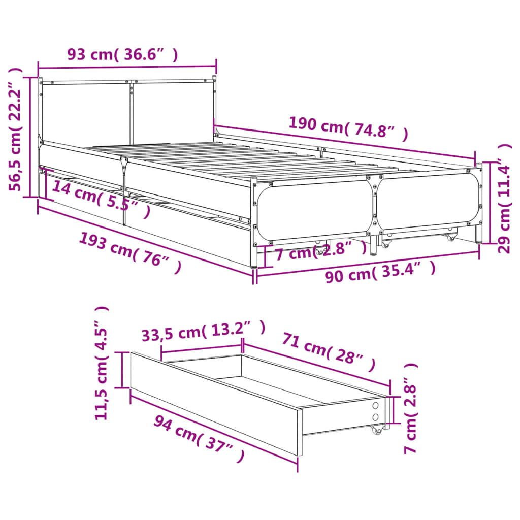 vidaXL gultas rāmis ar atvilktnēm, melns, 90x190 cm, inženierijas koks