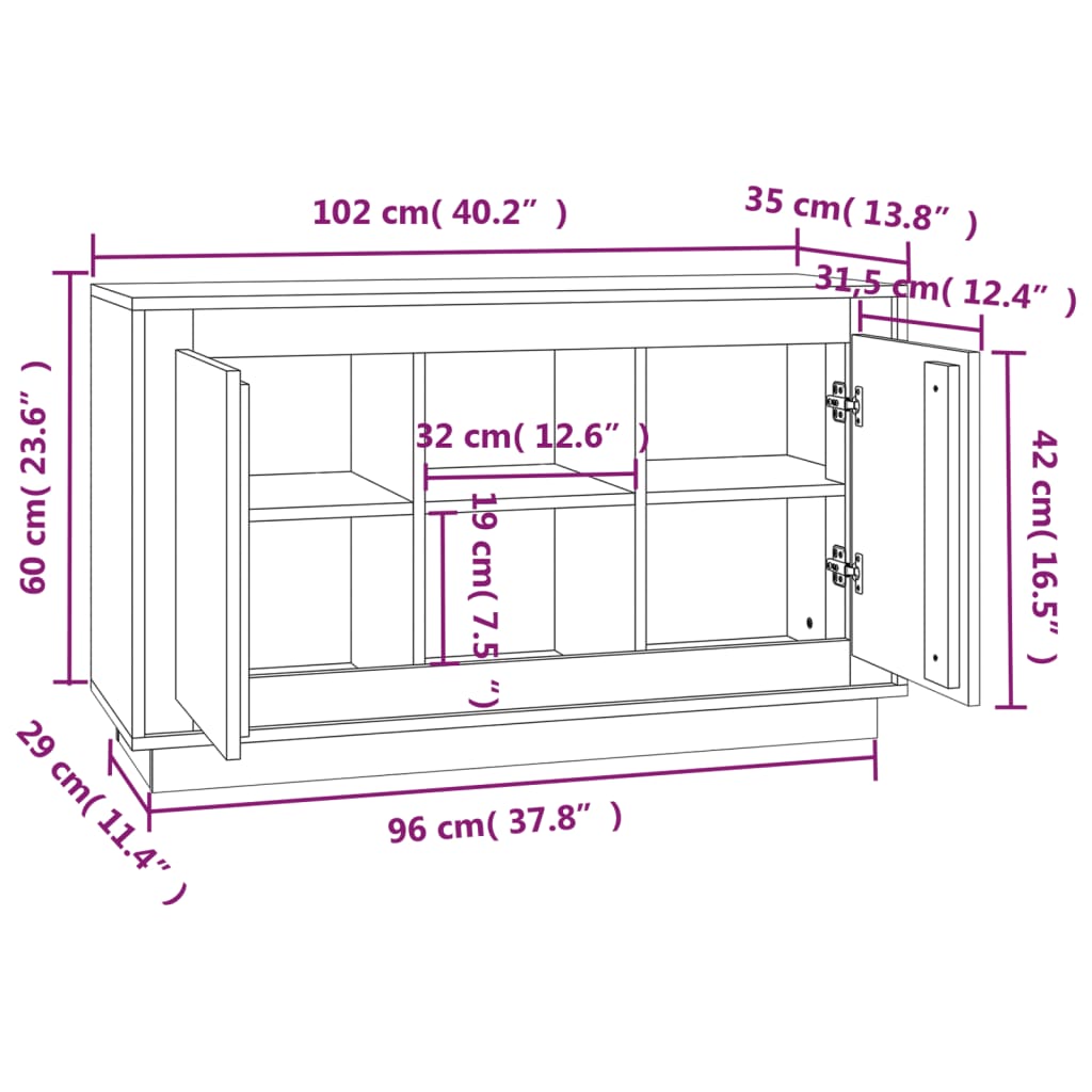 vidaXL kumode, pelēka ozolkoka, 102x35x60 cm, inženierijas koks