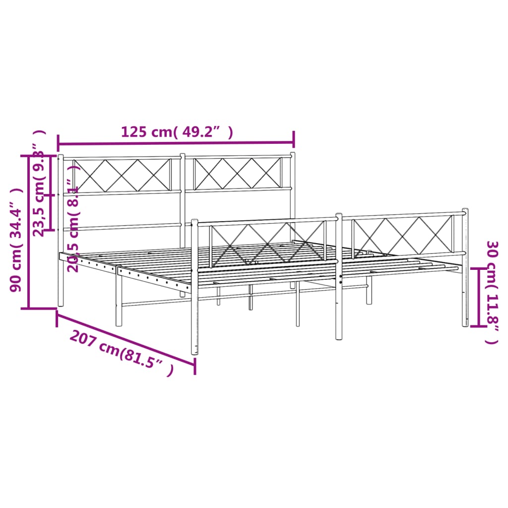 vidaXL gultas rāmis ar galvgali un kājgali, balts metāls, 120x200 cm