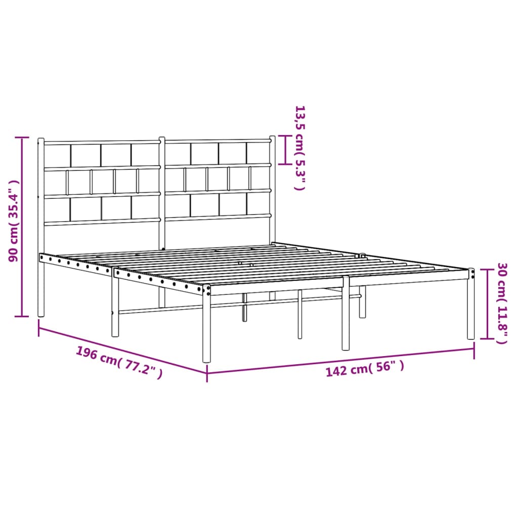 vidaXL gultas rāmis ar galvgali, melns metāls, 135x190 cm