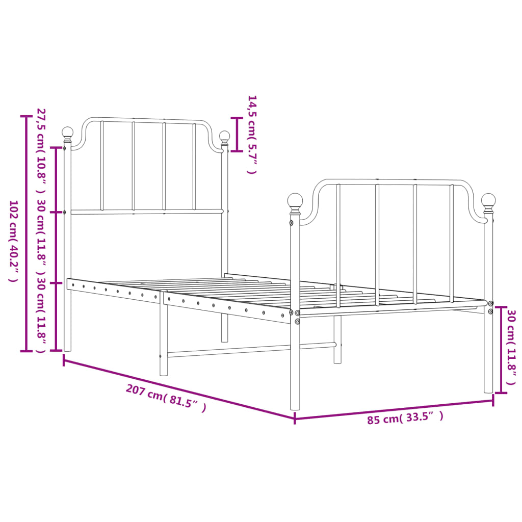 vidaXL gultas rāmis ar galvgali un kājgali, melns metāls, 80x200 cm