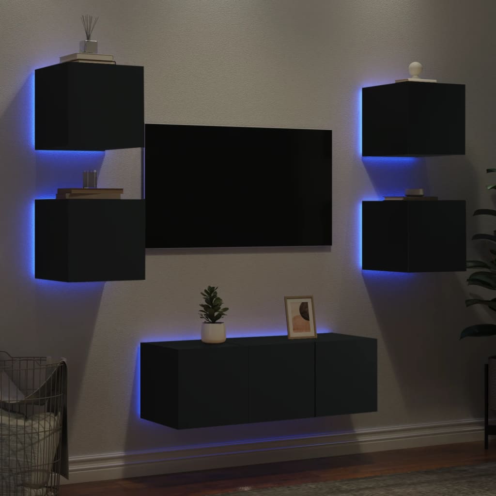 vidaXL 6-daļīgs TV skapīšu komplekts ar LED, melns, inženierijas koks