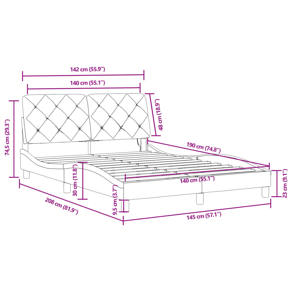 vidaXL gultas rāmis ar LED, melns, 140x190 cm, samts