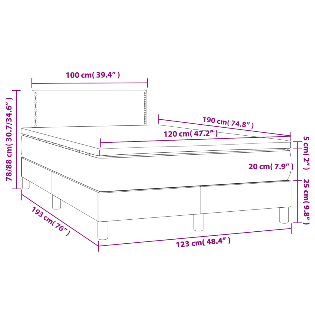 vidaXL atsperu gulta ar matraci, LED, krēmkrāsas audums, 120x190 cm