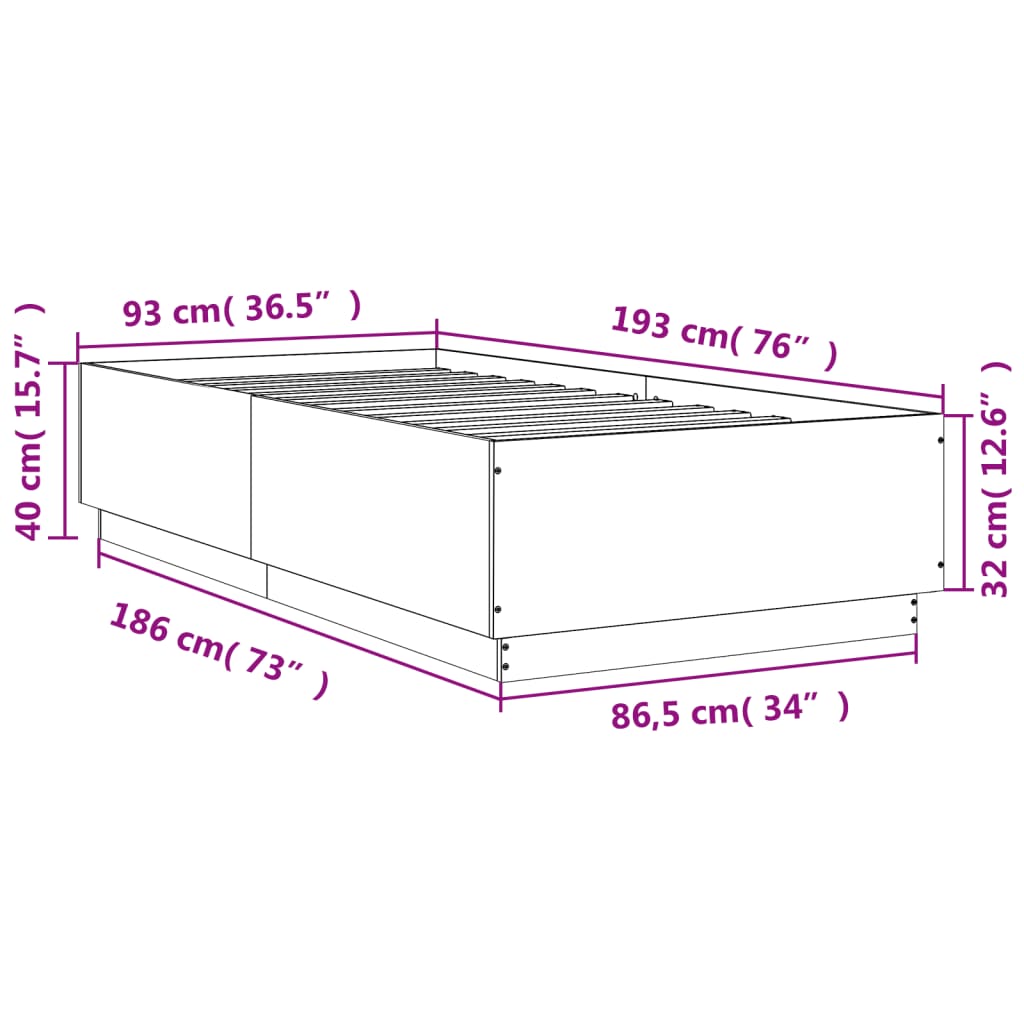 vidaXL gultas rāmis ar LED, ozola, 90x190 cm, inženierijas koks