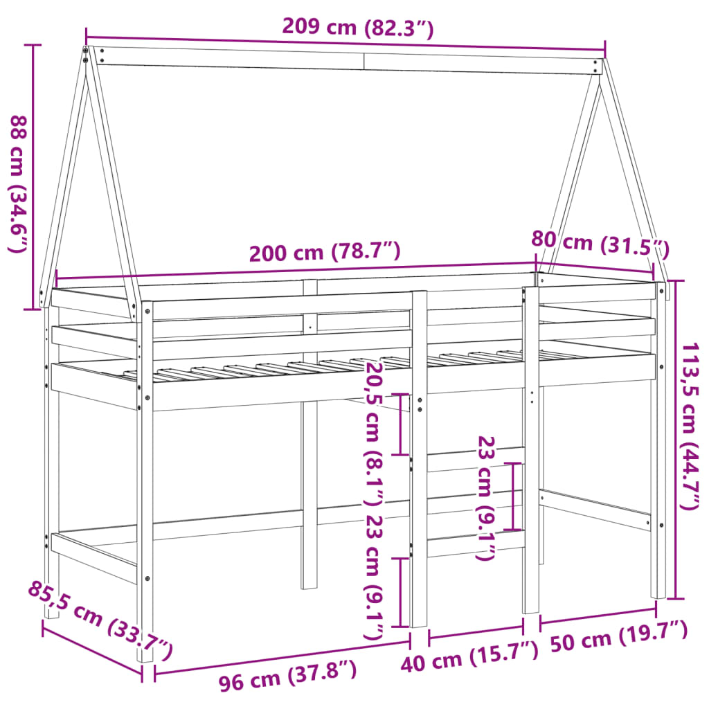 vidaXL augstā gulta ar jumtu, balta, 80x200 cm, priedes masīvkoks