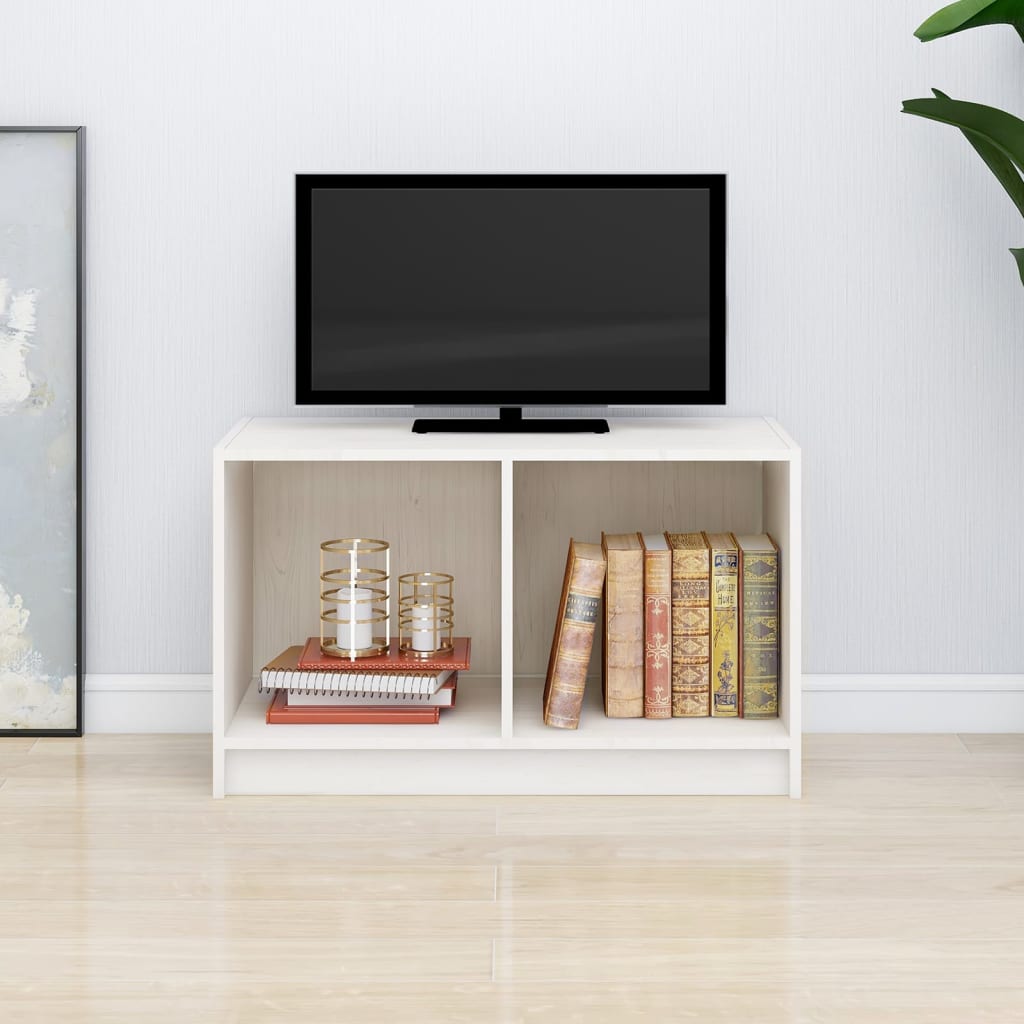 vidaXL TV plaukts, balts, 70x33x42 cm, priedes masīvkoks