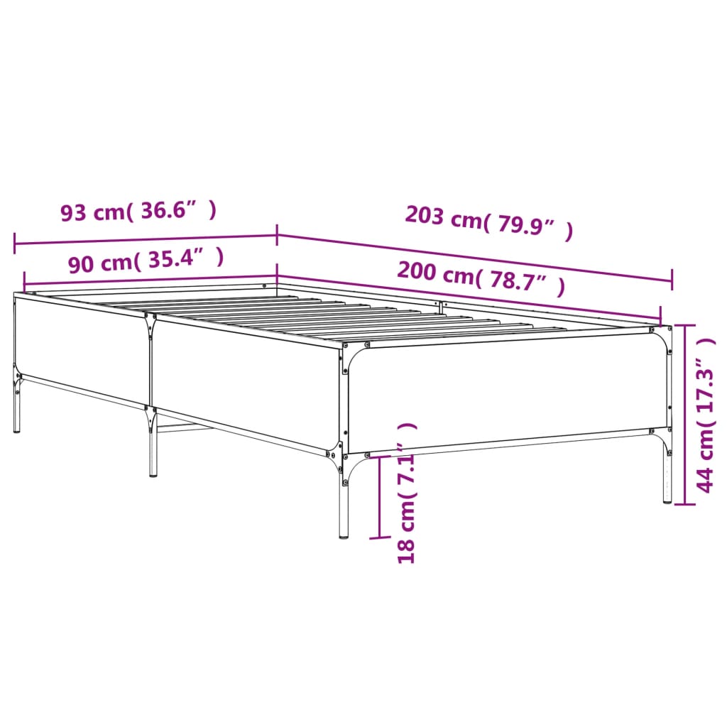 vidaXL gultas rāmis, ozola krāsā, 90x200 cm, inženierijas koks, metāls