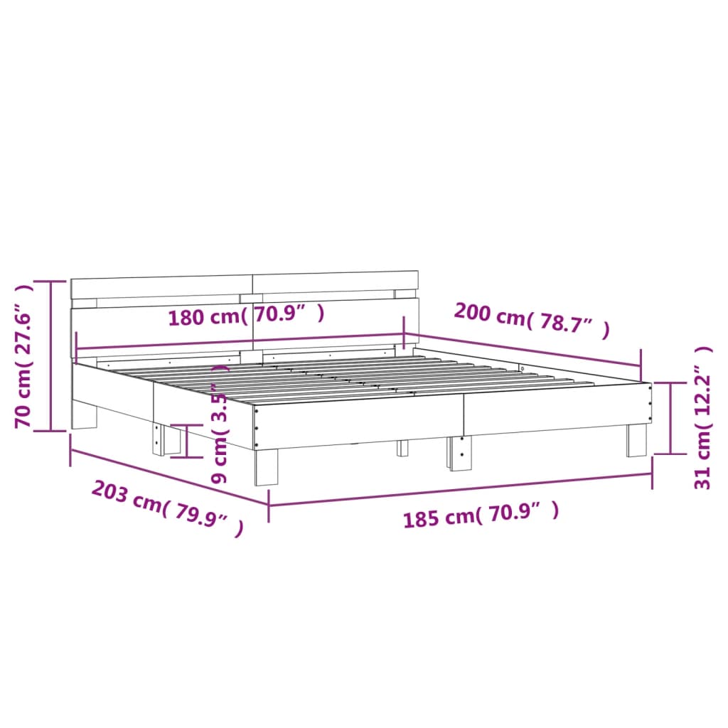 vidaXL gultas rāmis ar galvgali un LED, pelēka ozola krāsa, 180x200 cm