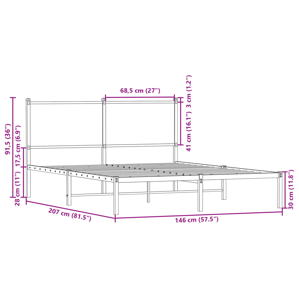 vidaXL gultas rāmis ar galvgali, brūna ozola metāls, 140x200 cm