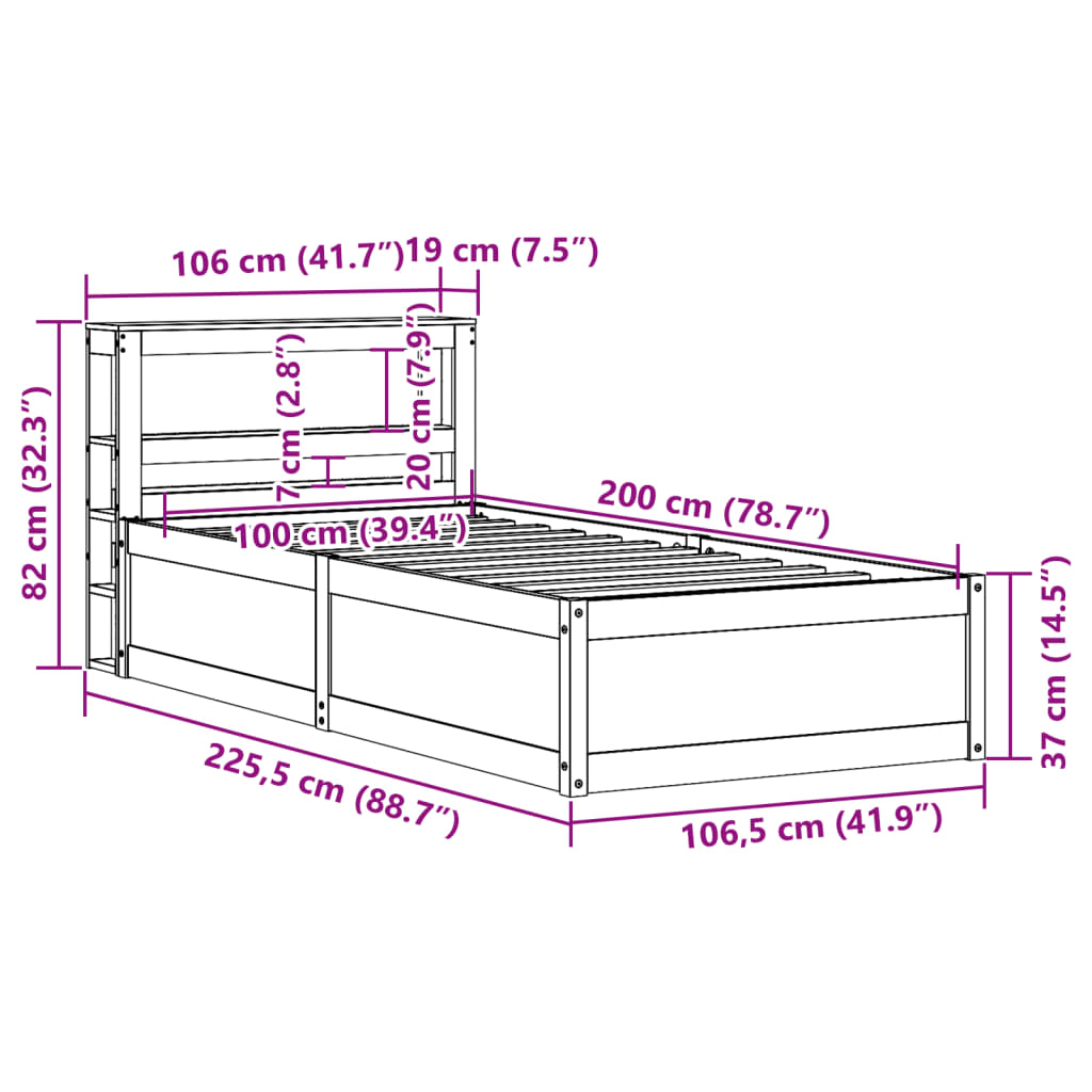 vidaXL gultas rāmis ar galvgali, balts, 100x200 cm, priedes masīvkoks