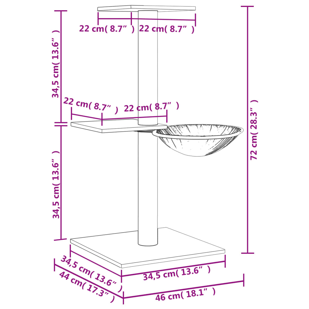 vidaXL kaķu māja ar sizala stabiem nagu asināšanai, 72 cm, pelēka