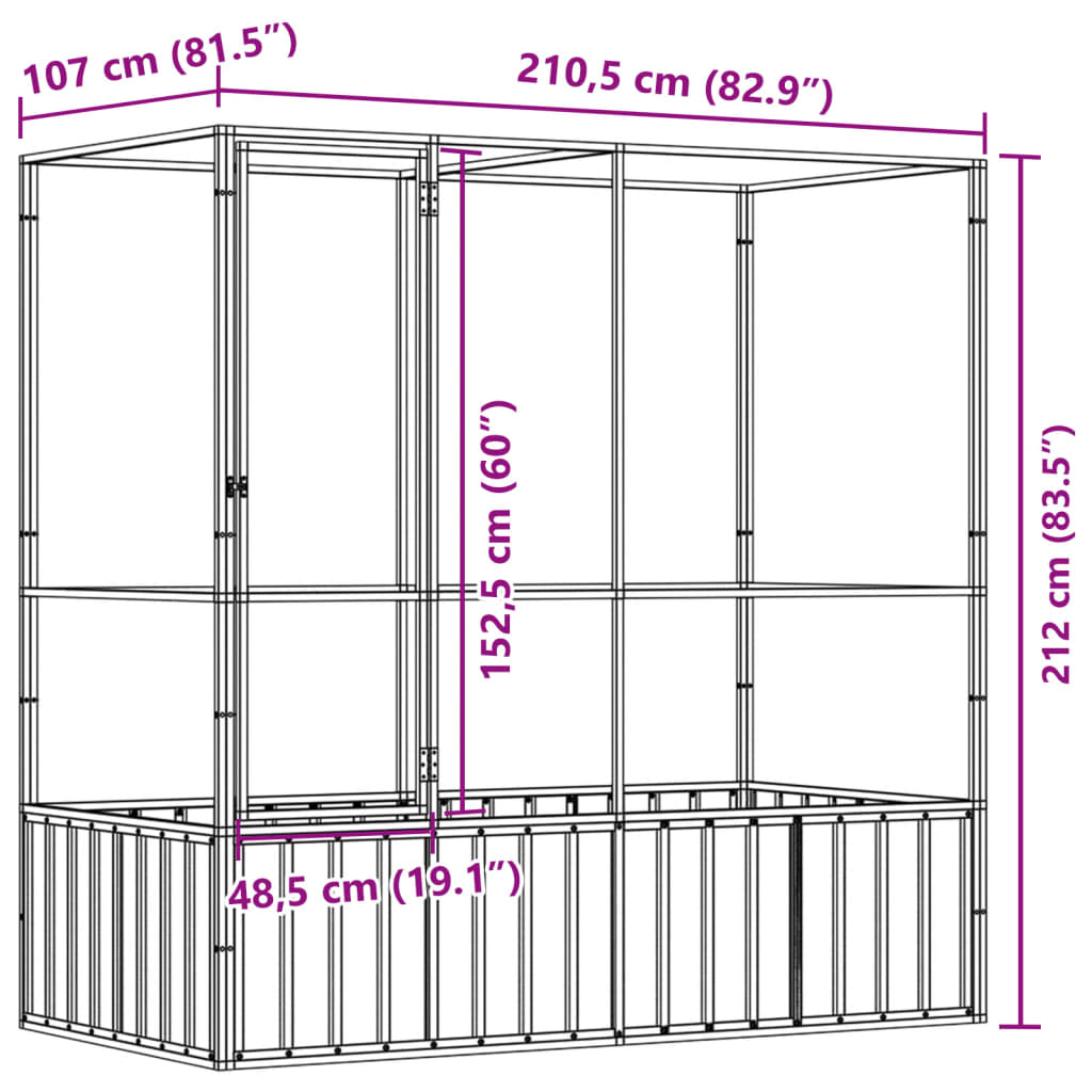 vidaXL putnu māja, sudraba krāsa, 210,5x107x212 cm, tērauds