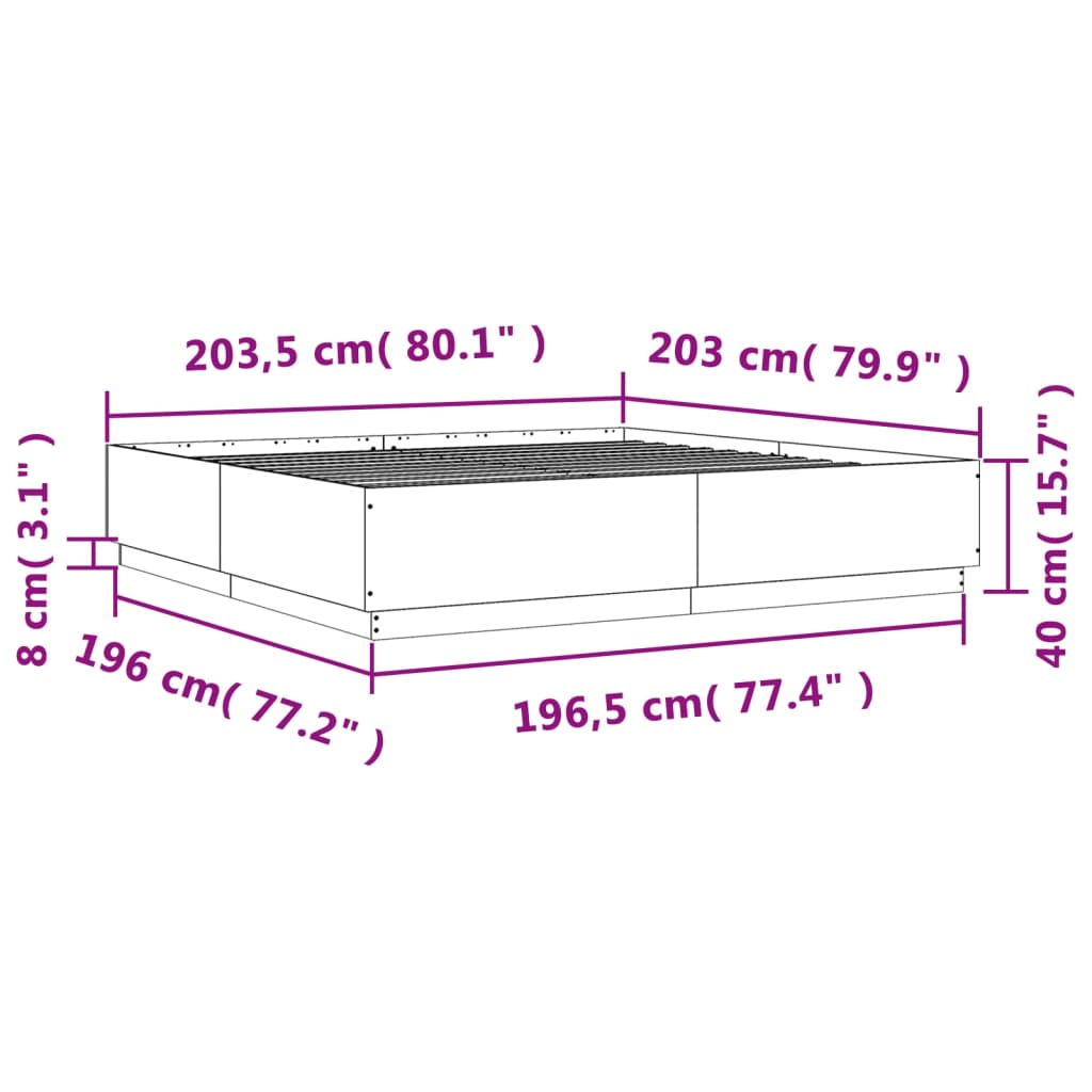 vidaXL gultas rāmis ar LED, ozola, 200x200 cm, inženierijas koks