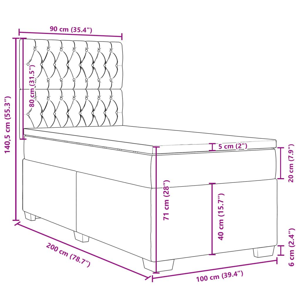 vidaXL atsperu gultas rāmis ar matraci, tumši pelēka audums, 100x200cm