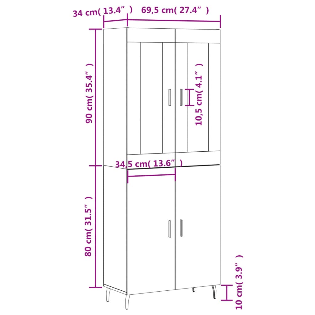 vidaXL augstais skapis, balts, 69,5x34x180 cm, inženierijas koks