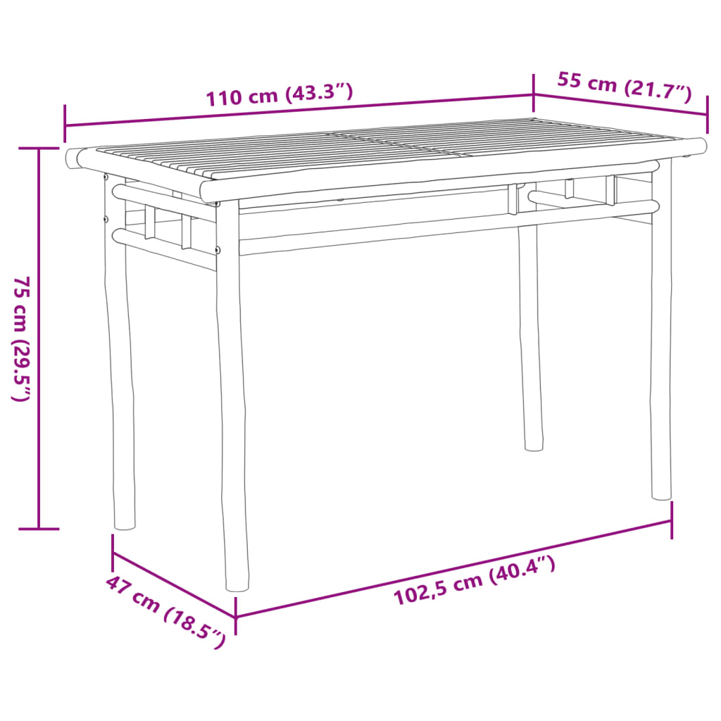 vidaXL dārza galds, 110x55x75 cm, bambuss