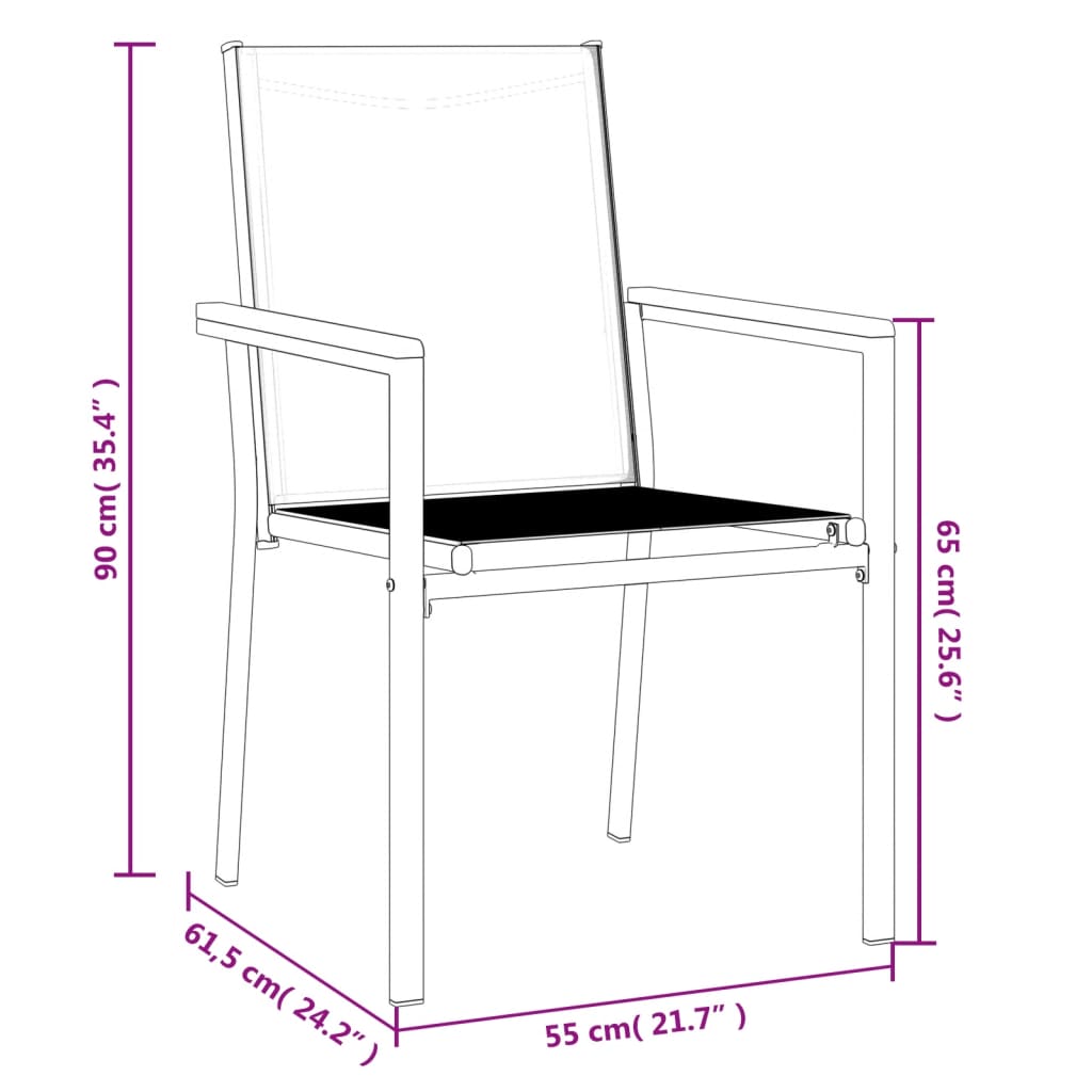 vidaXL dārza krēsli, 6 gab., 55x61,5x90 cm, tekstilēns, tērauds, melni