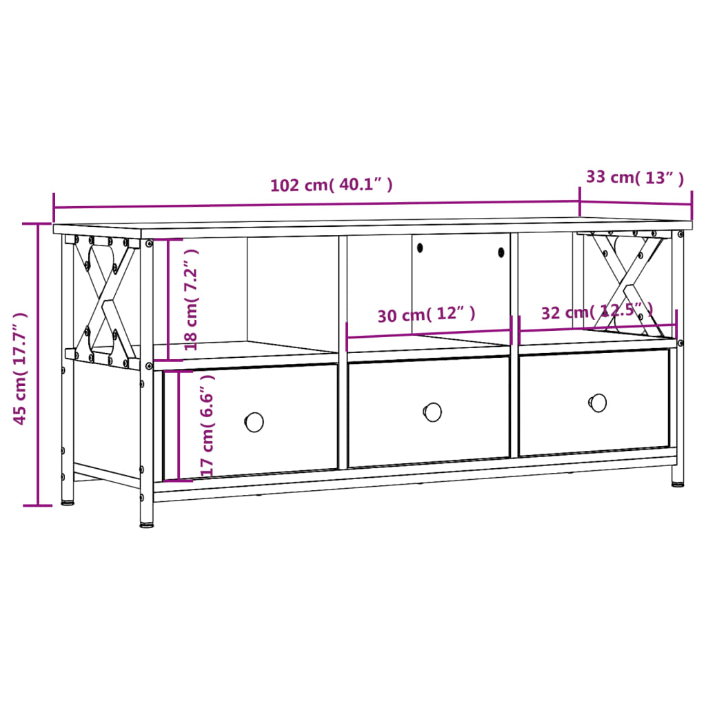 vidaXL TV skapītis, 102x33x45 cm, inženierijas koks, dzelzs, ozolkoka