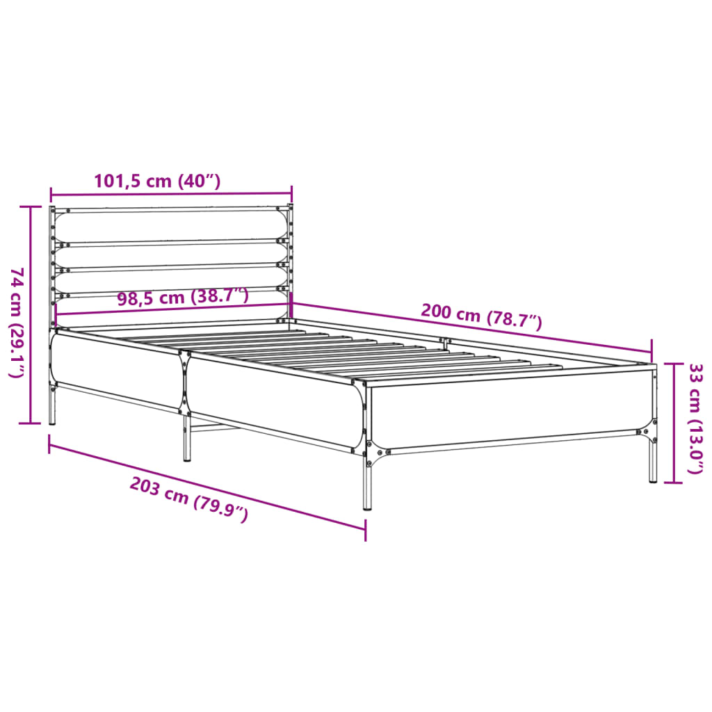 vidaXL gultas rāmis, ozola krāsā, 100x200cm, inženierijas koks, metāls