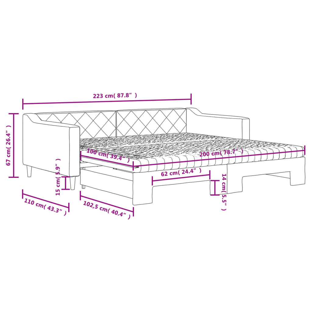 vidaXL dīvāngulta ar matraci, krēmkrāsas audums, 100x200 cm