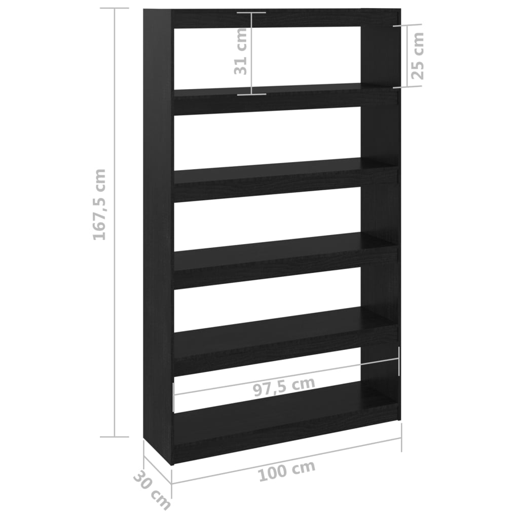 vidaXL grāmatu plaukts, melns, 100x30x167,5 cm, priedes masīvkoks