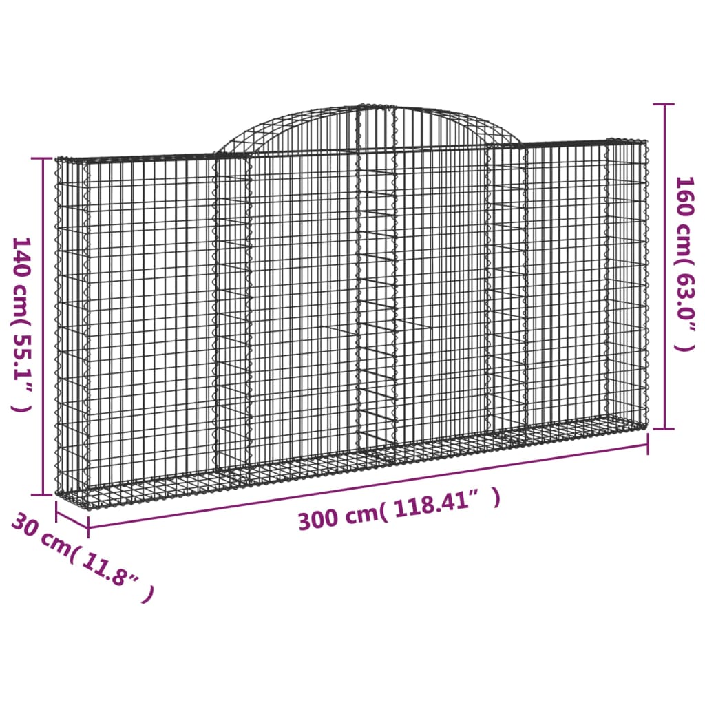 vidaXL arkveida gabiona grozs, 300x30x140/160 cm, cinkota dzelzs