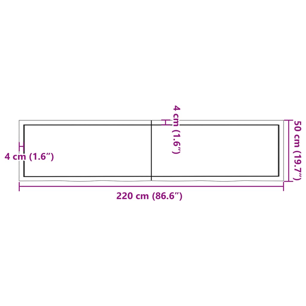 vidaXL galda virsma, 220x50x(2-4) cm, neapstrādāts ozola masīvkoks