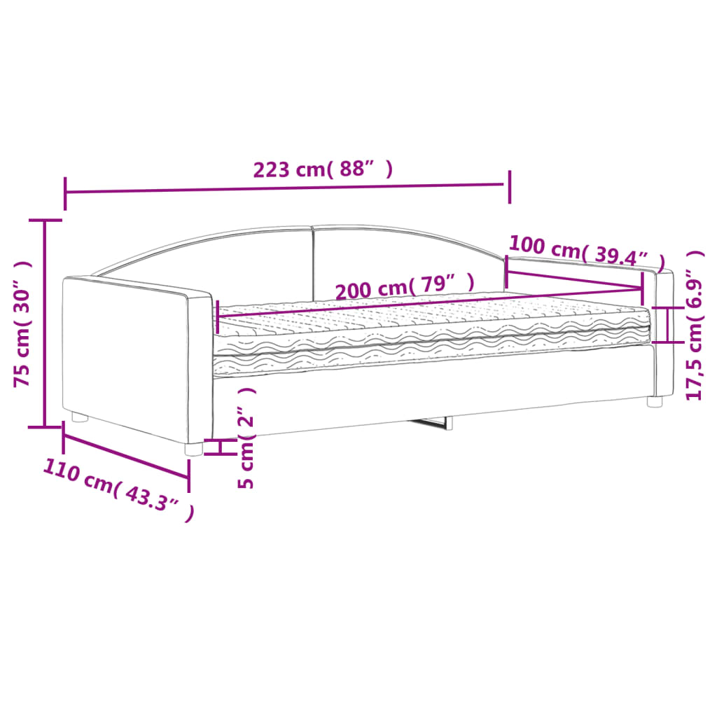 vidaXL dīvāngulta ar matraci, krēmkrāsas audums, 100x200 cm