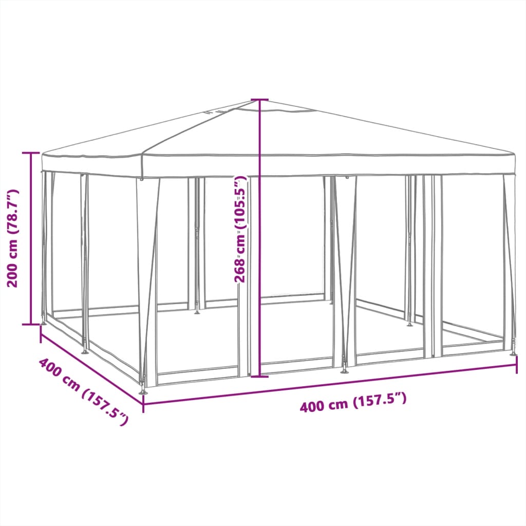 vidaXL svinību telts, ar 8 sieta sienām, 4x4 m, balta, HDPE