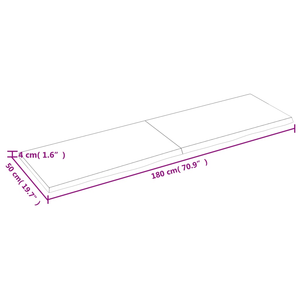 vidaXL galda virsma, 180x50x(2-4) cm, neapstrādāts ozola masīvkoks