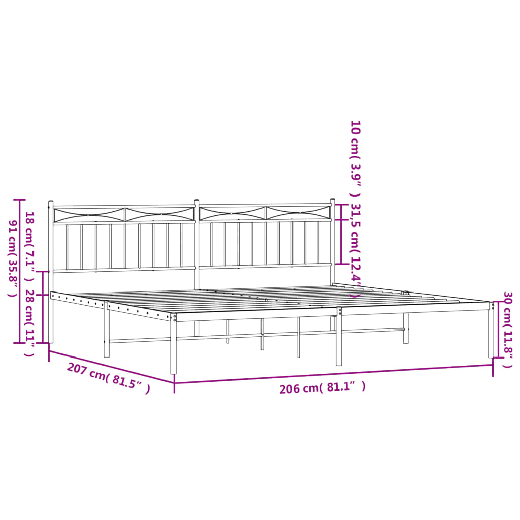 vidaXL gultas rāmis ar galvgali, balts metāls, 200x200 cm