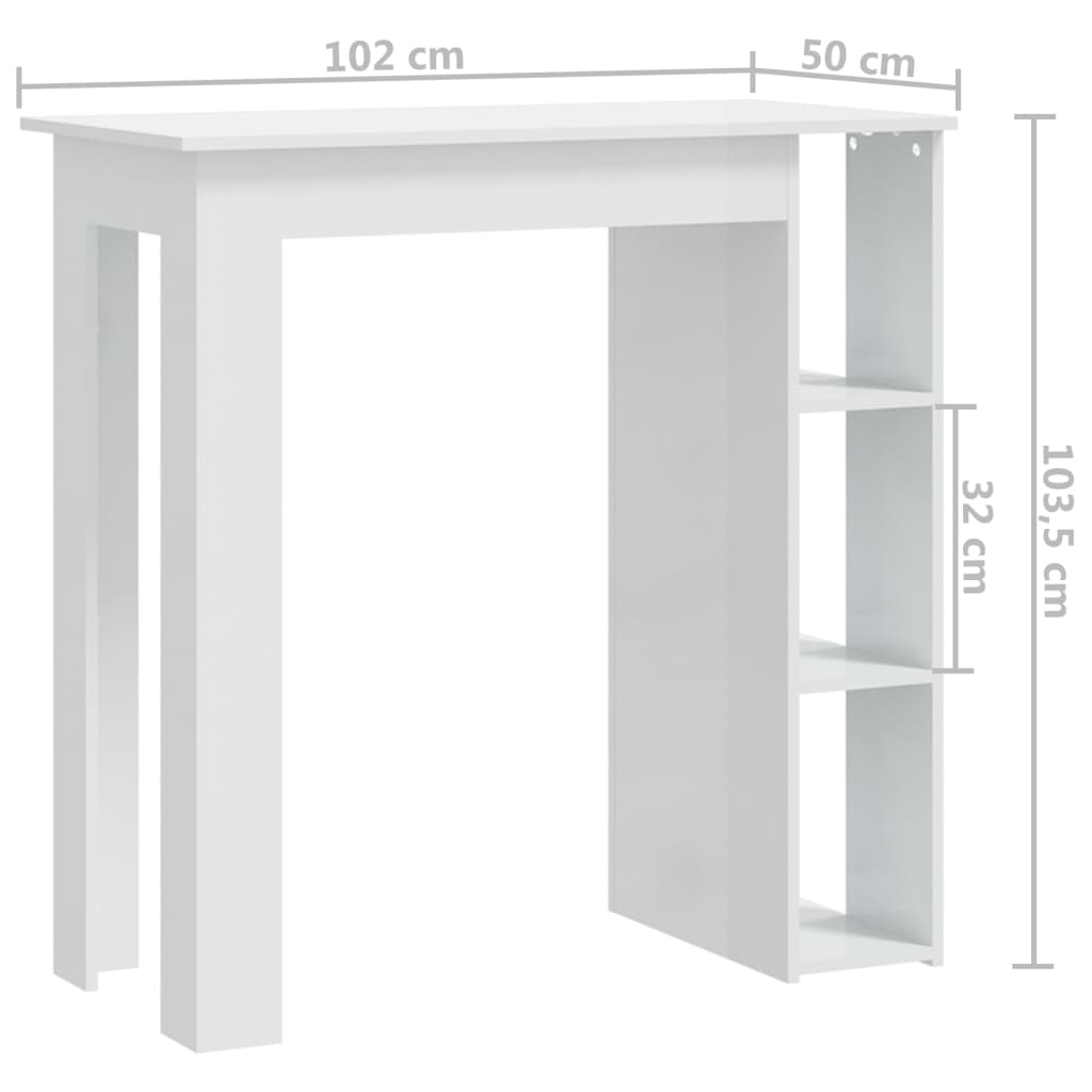 vidaXL bāra galds ar plauktu, spīdīgs, balts, 102x50x103,5 cm