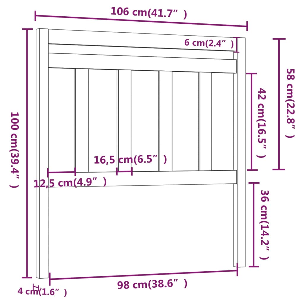 vidaXL gultas galvgalis, balts, 106x4x100 cm, priedes masīvkoks